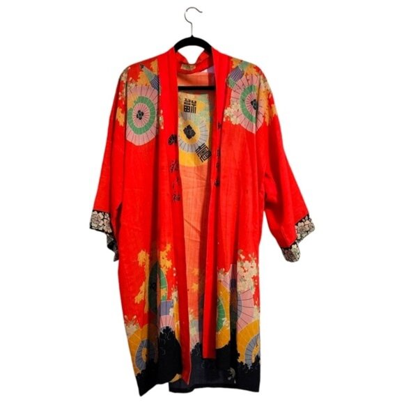 ANTIQUE 1930's‎ Japanese Kimono Yuzen Zome floral Wagasa print in red 30's - Picture 4 of 16